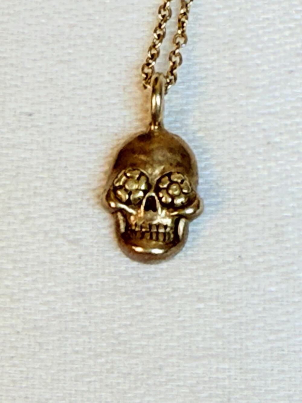 925 Sterling Flower Eyes Small Sugar Skull Pendant W/ 1/20 14k GF Golf Necklace